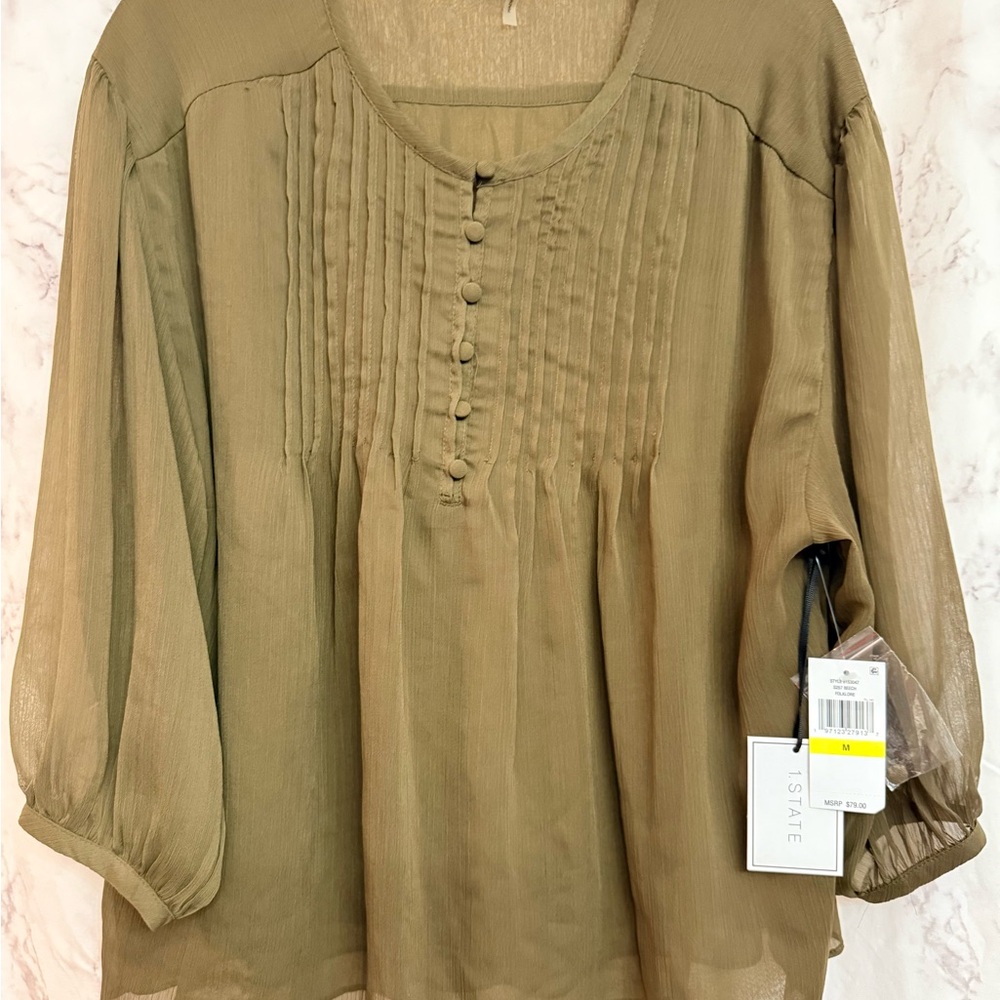 Lightweight Olive Pintuck Peasant Blouse - Unbranded